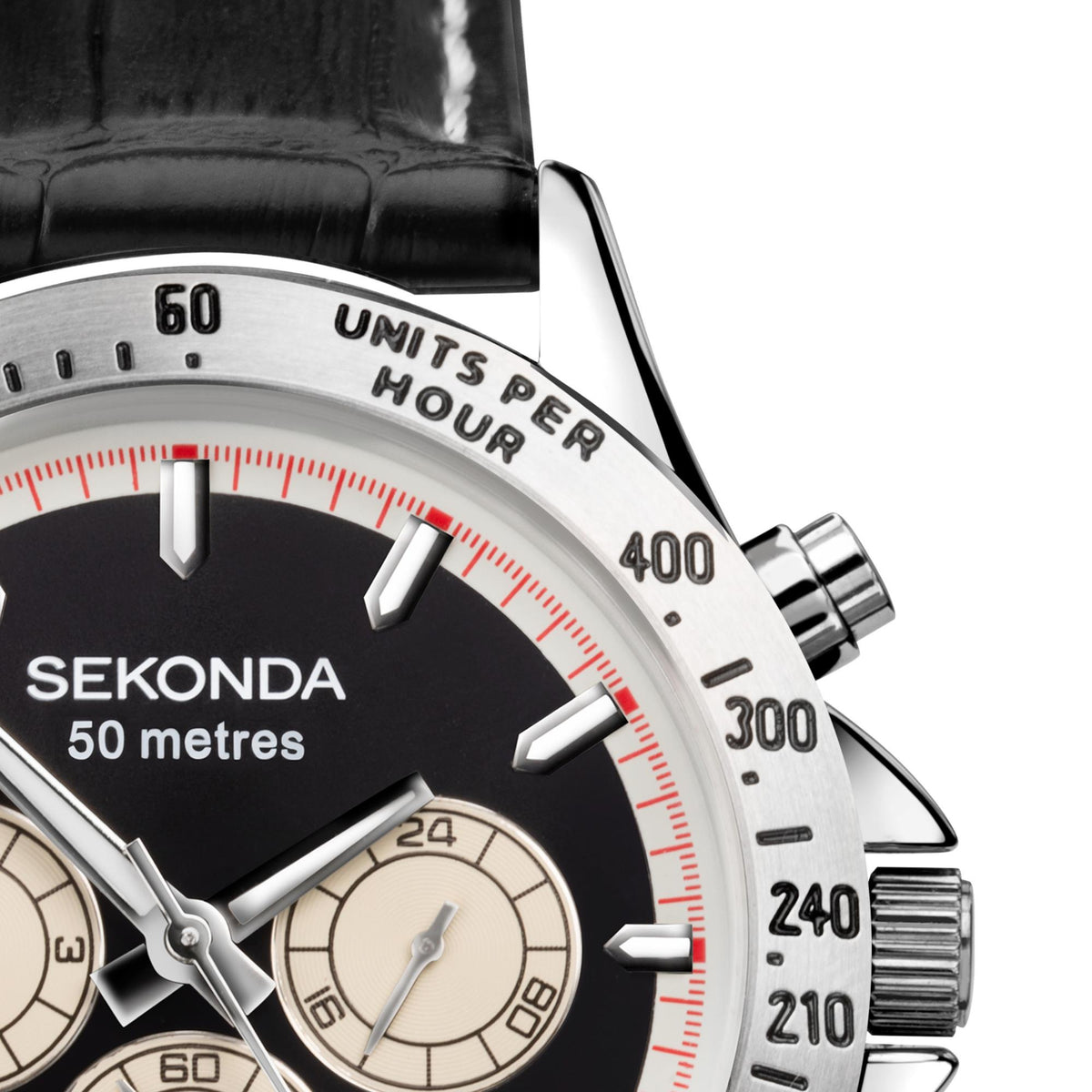 Sekonda chronograph watch detail: black dial with red minute track and silver pushers