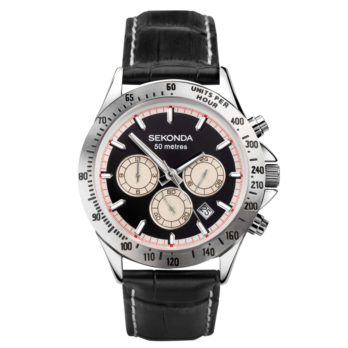Men's Sekonda chronograph watch, black dial, black leather strap, silver subdials and bezel
