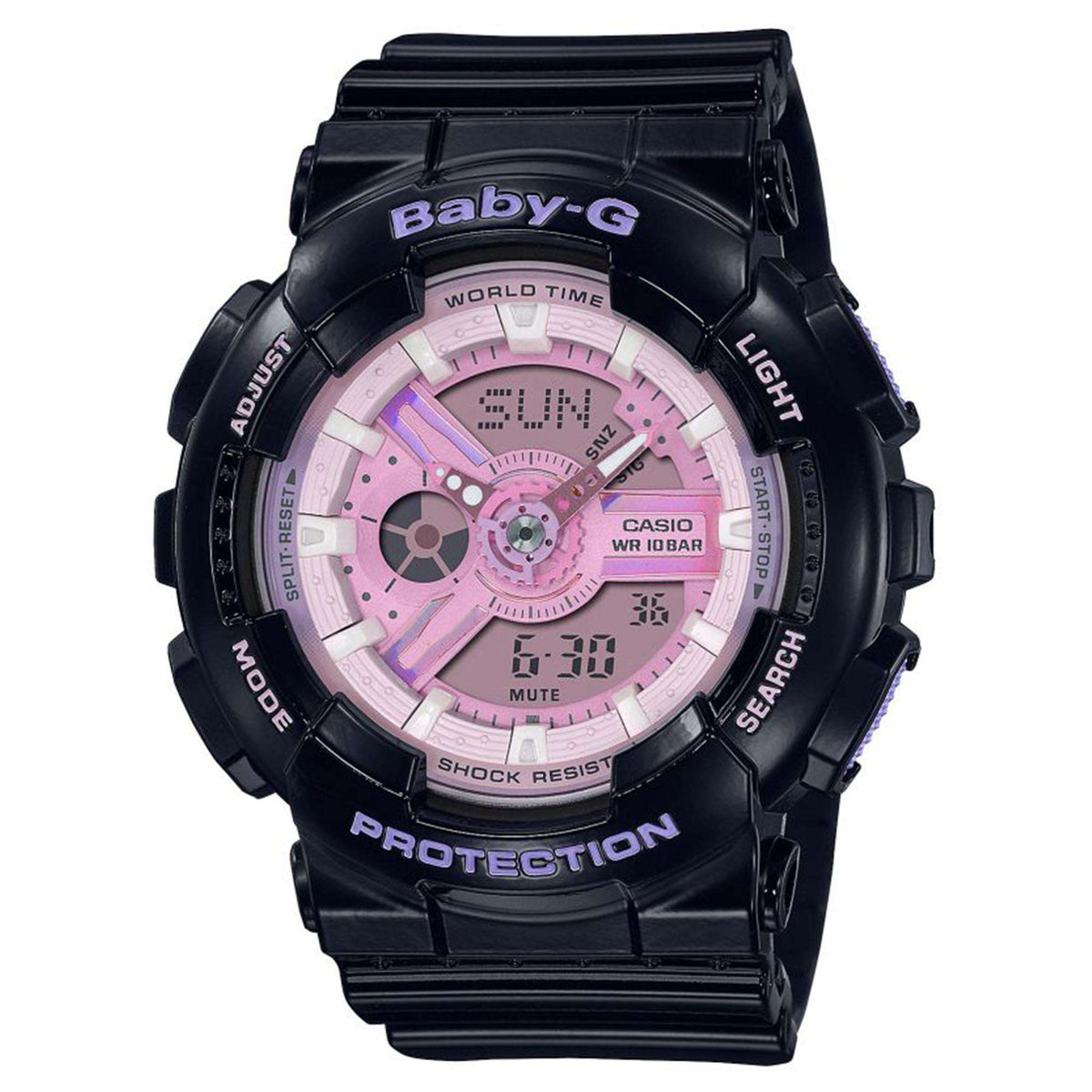 Black Casio Baby-G ladies watch with pink dial and PROTECTION branding on bezel