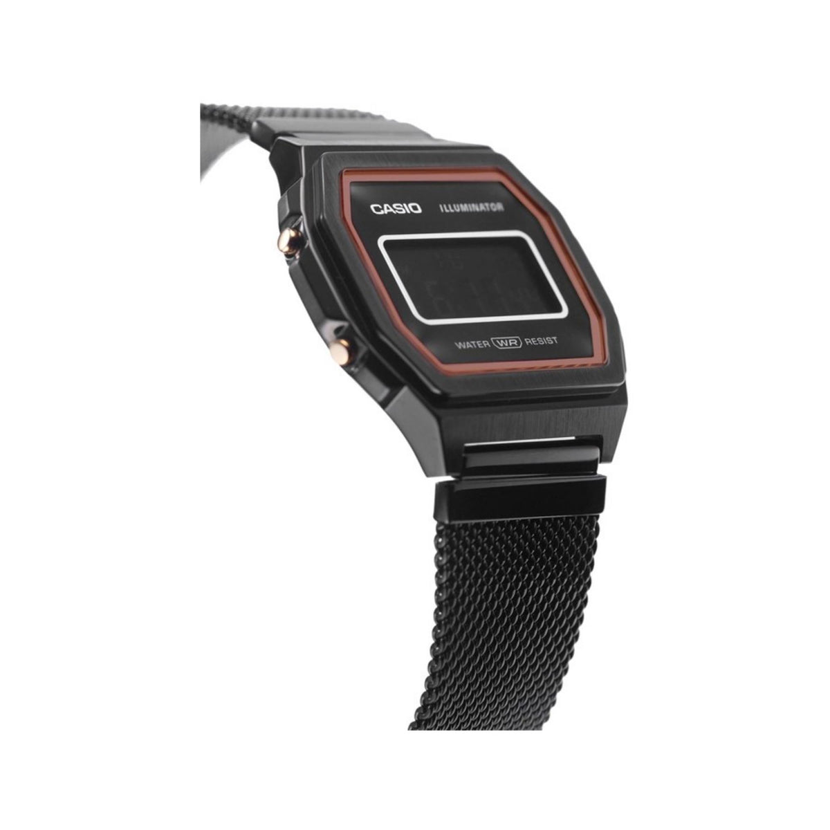 Black digital watch side view with textured Milanese mesh strap