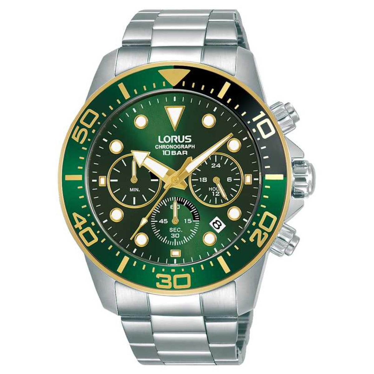 Men's chronograph wristwatch in stainless steel with dark green dial, subdials, gold minute track