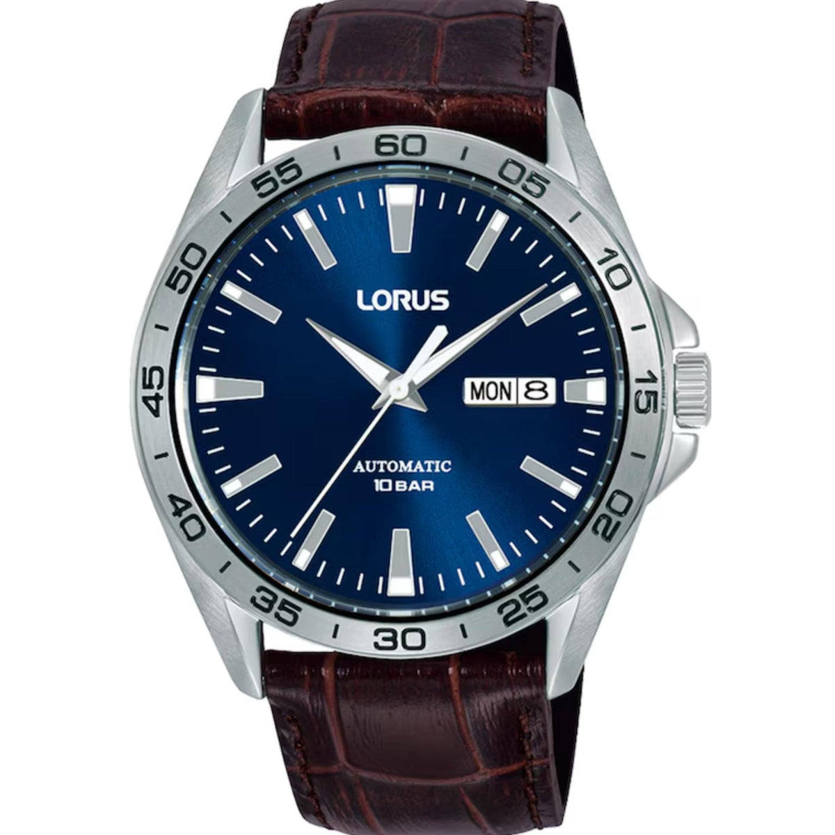 Men's automatic watch with blue sunray dial, silver case, brown leather strap