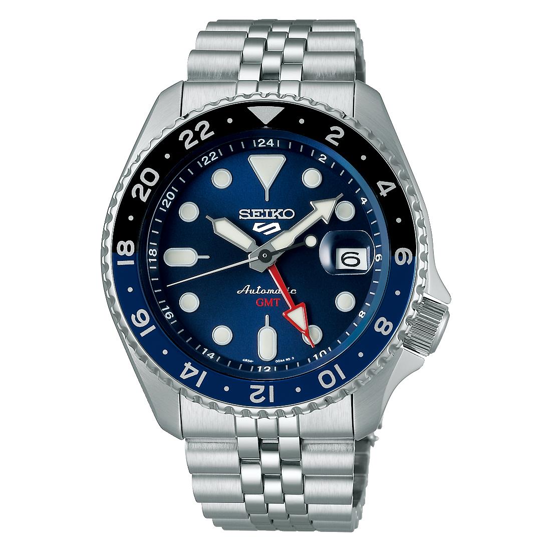 Front view stainless steel GMT automatic watch with blue dial and metal bracelet