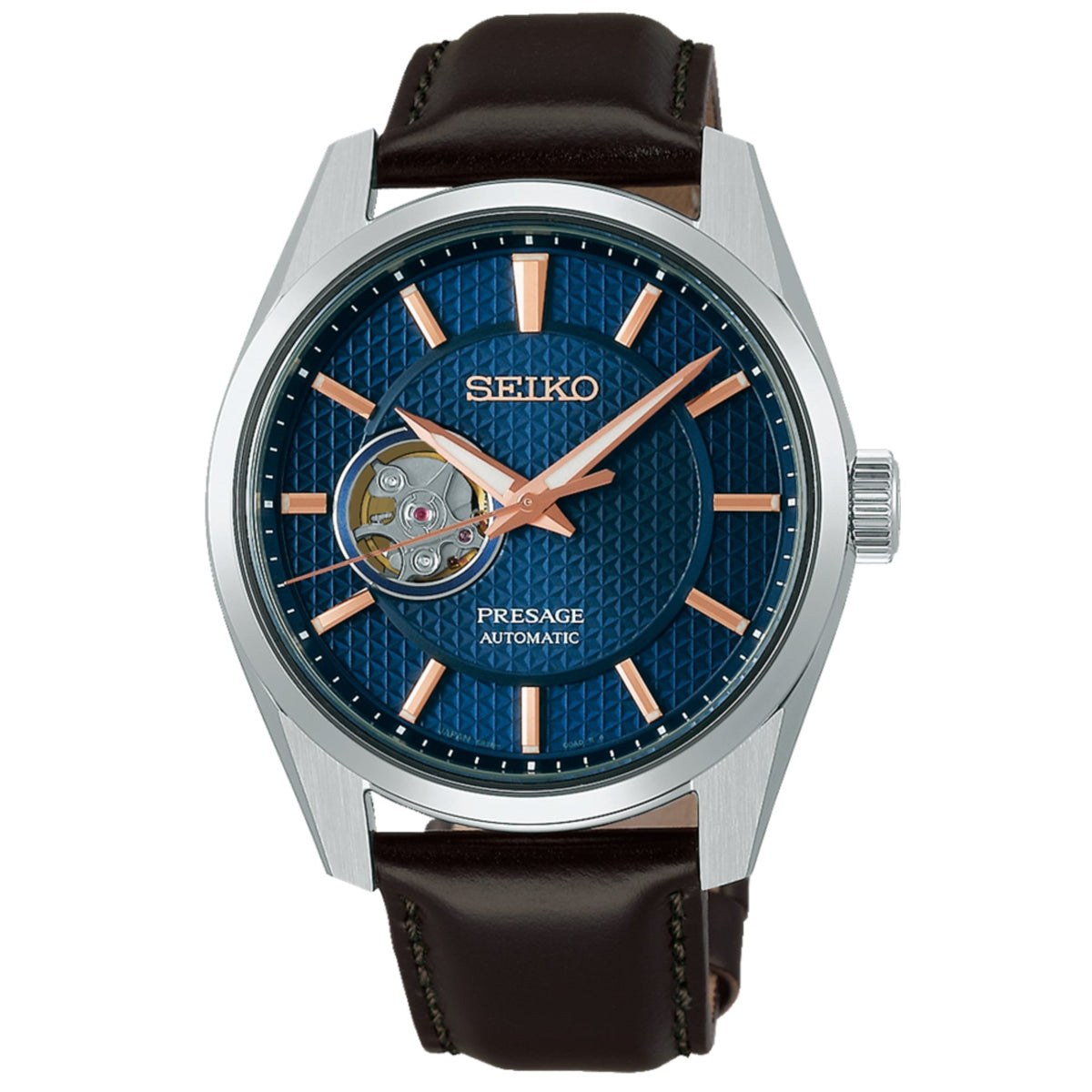 Seiko Presage automatic watch with blue dial, rose-gold open-heart detail, brown leather strap