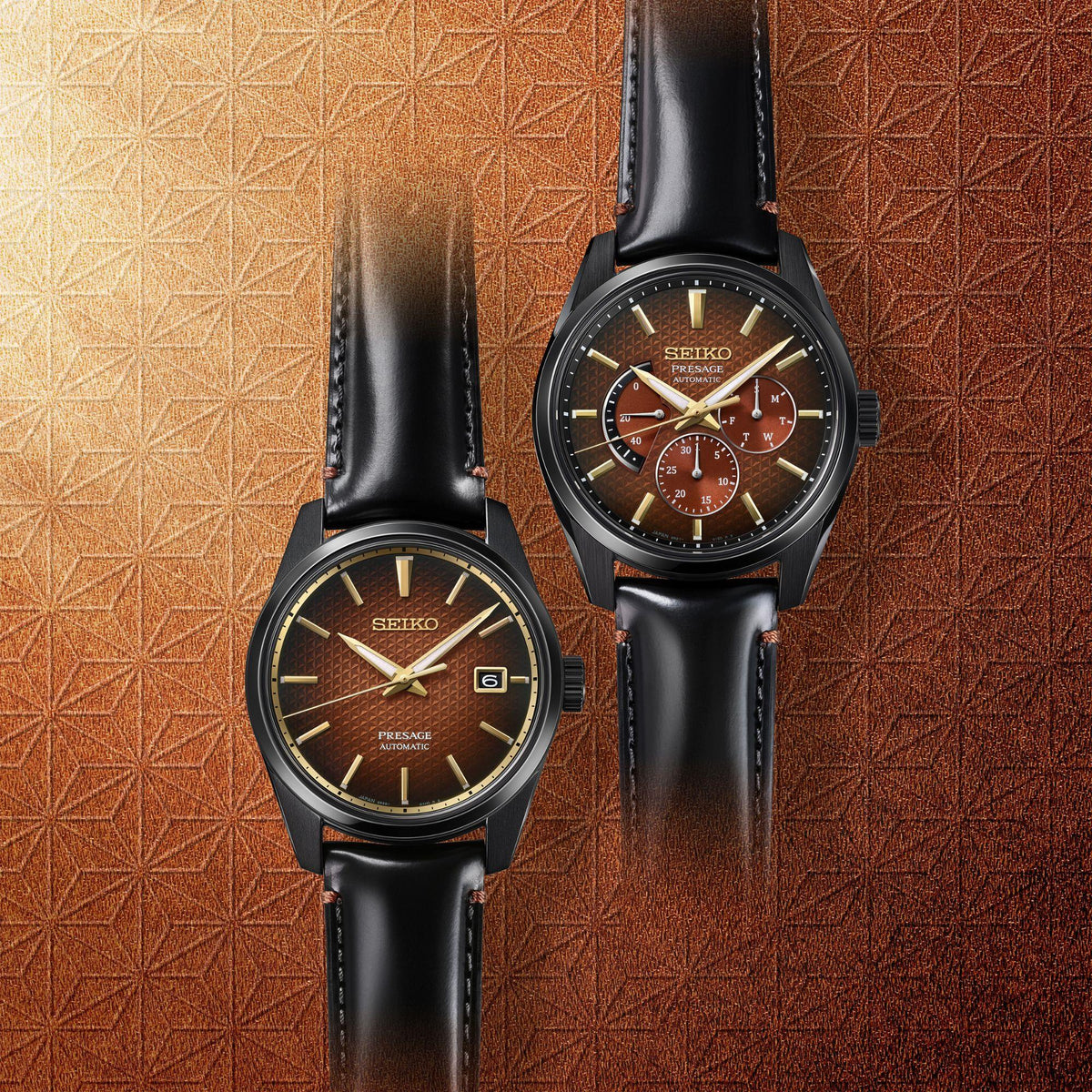 Two Seiko Presage men’s watches with black leather straps and red dials, side by side.
