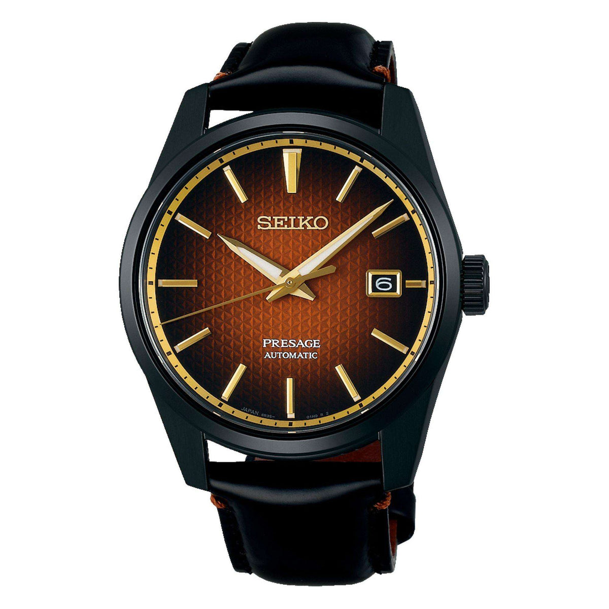 Seiko Presage men’s watch front view with red textured dial and black leather strap.