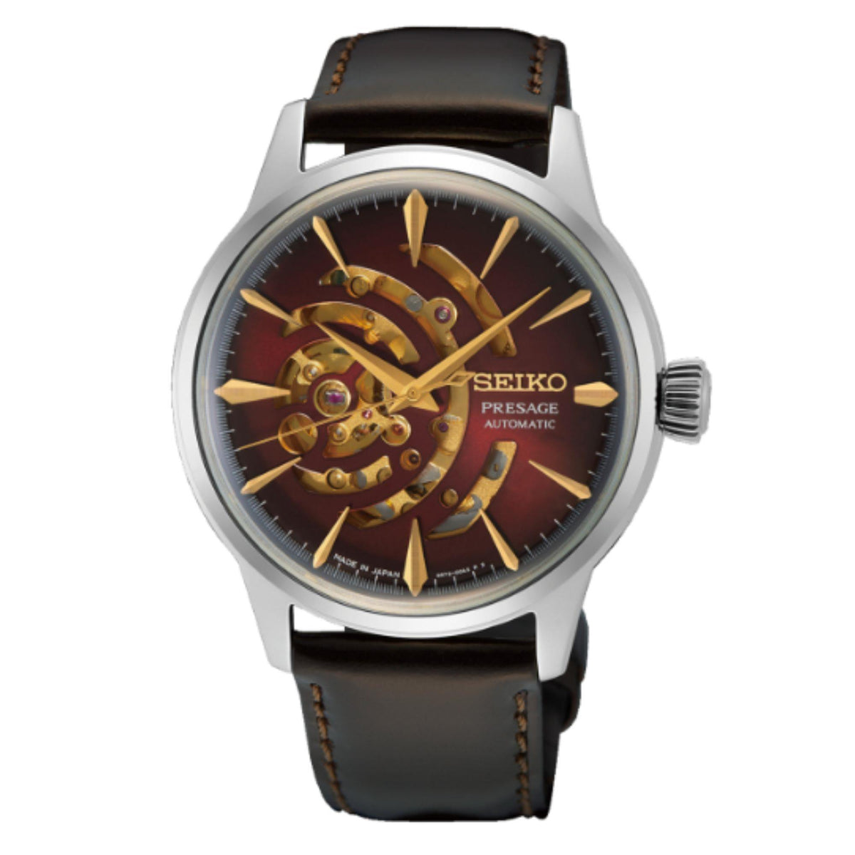 Men's automatic watch with red dial, gold-tone skeleton hands, black leather strap.
