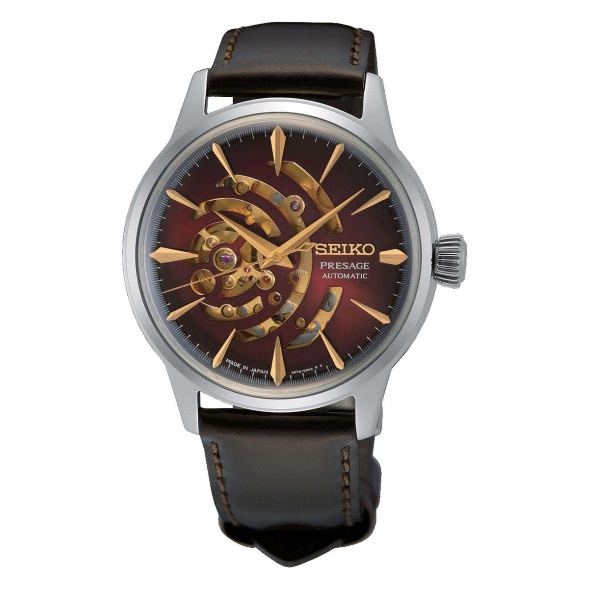 Men's automatic watch with red dial and gold-tone skeleton movement, black leather strap.