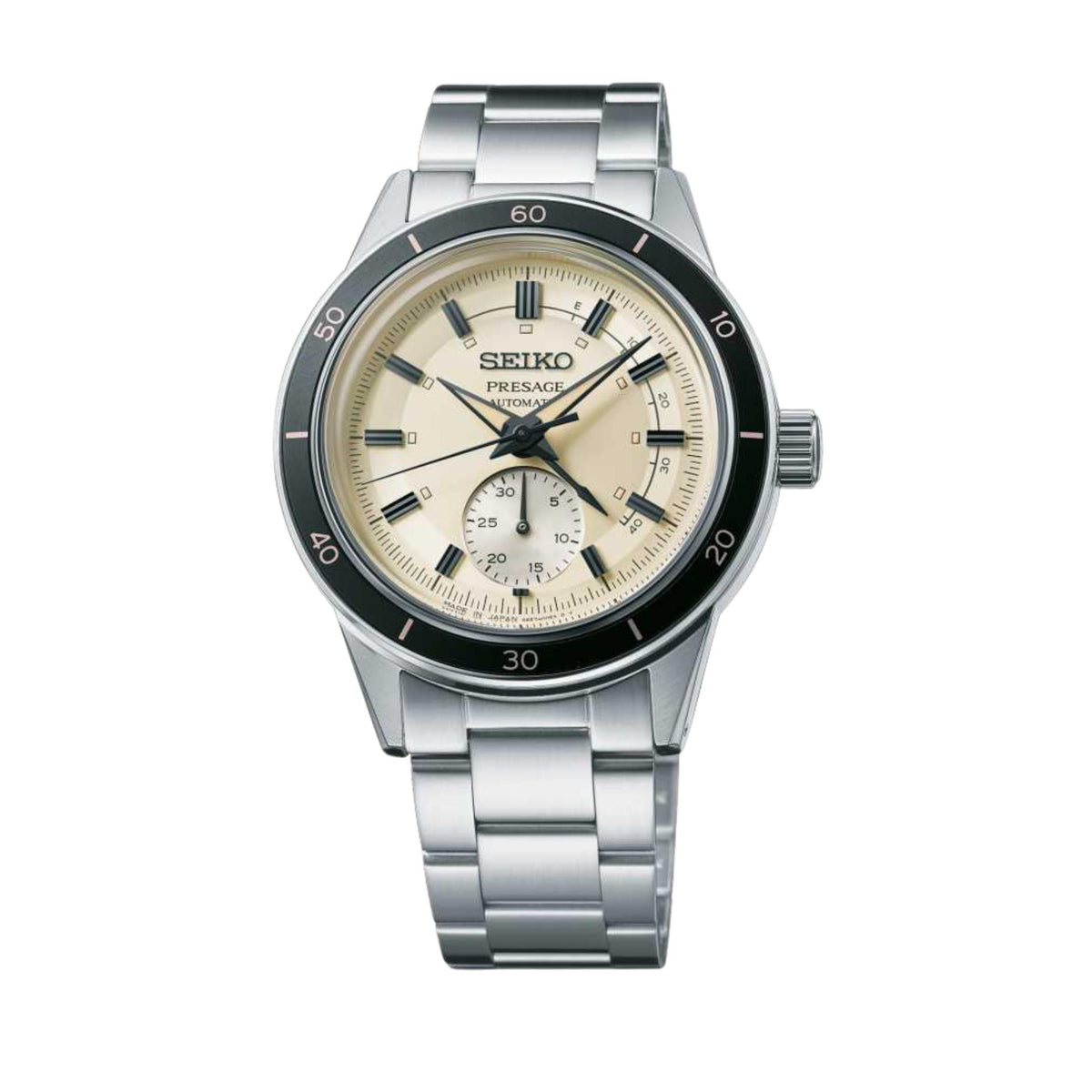 Men's stainless steel automatic watch with ivory dial and metal bracelet, black bezel