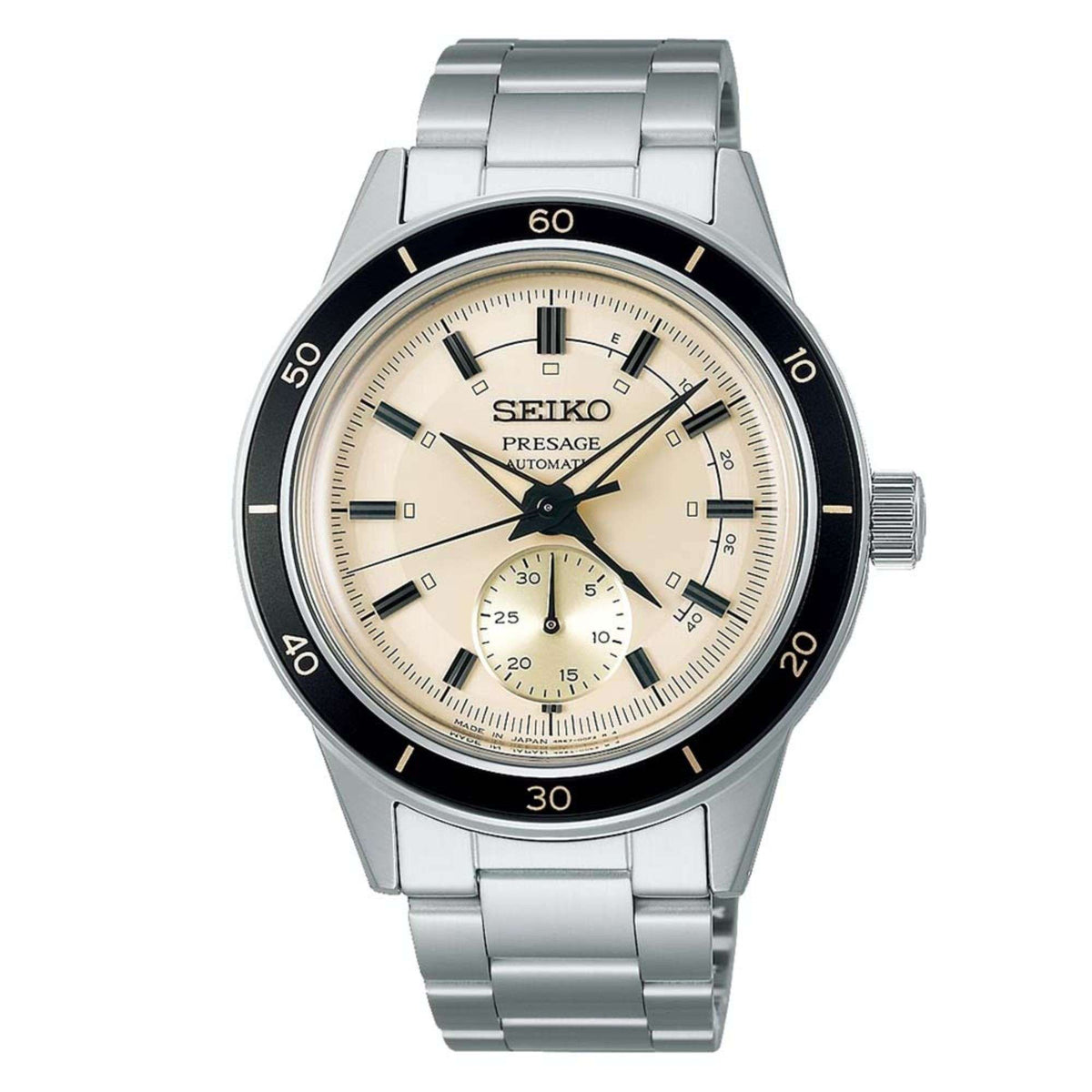Men's stainless steel automatic watch with ivory dial, black bezel, and metal bracelet