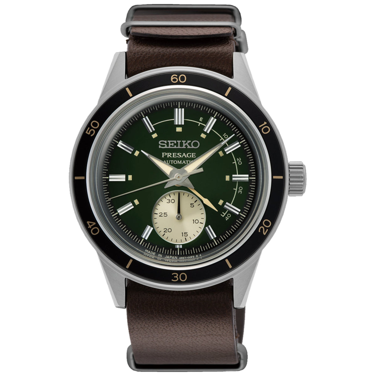 Men's automatic watch with green dial, metal bezel, brown leather strap