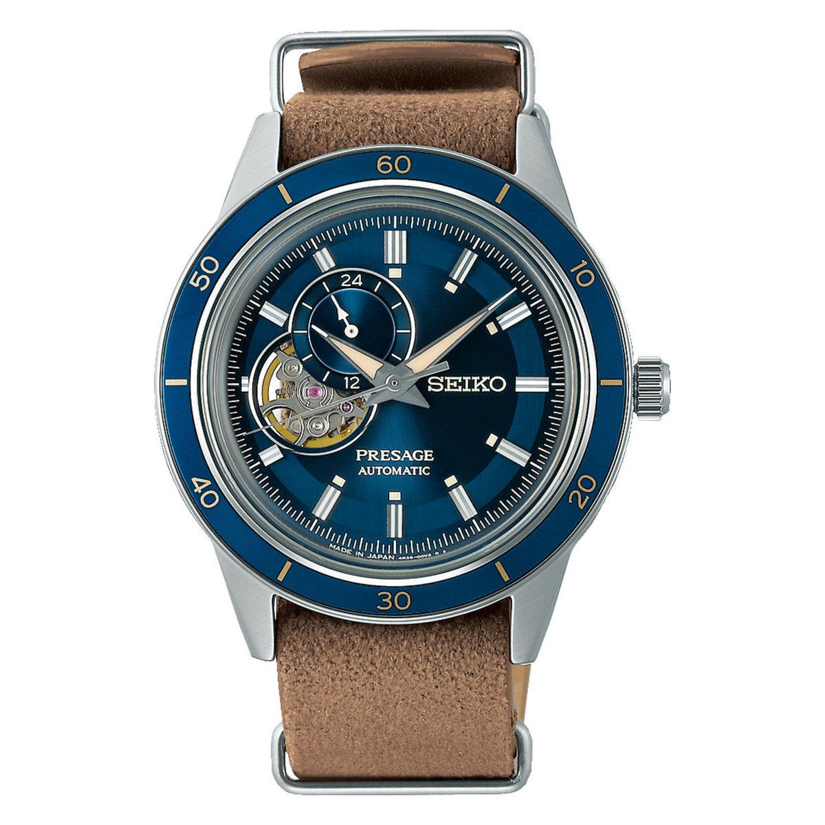 Blue dial automatic wristwatch with beige leather band and stainless steel case