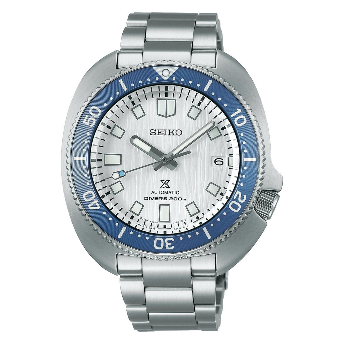Round stainless steel diver watch with white dial, blue bezel, and steel link bracelet.
