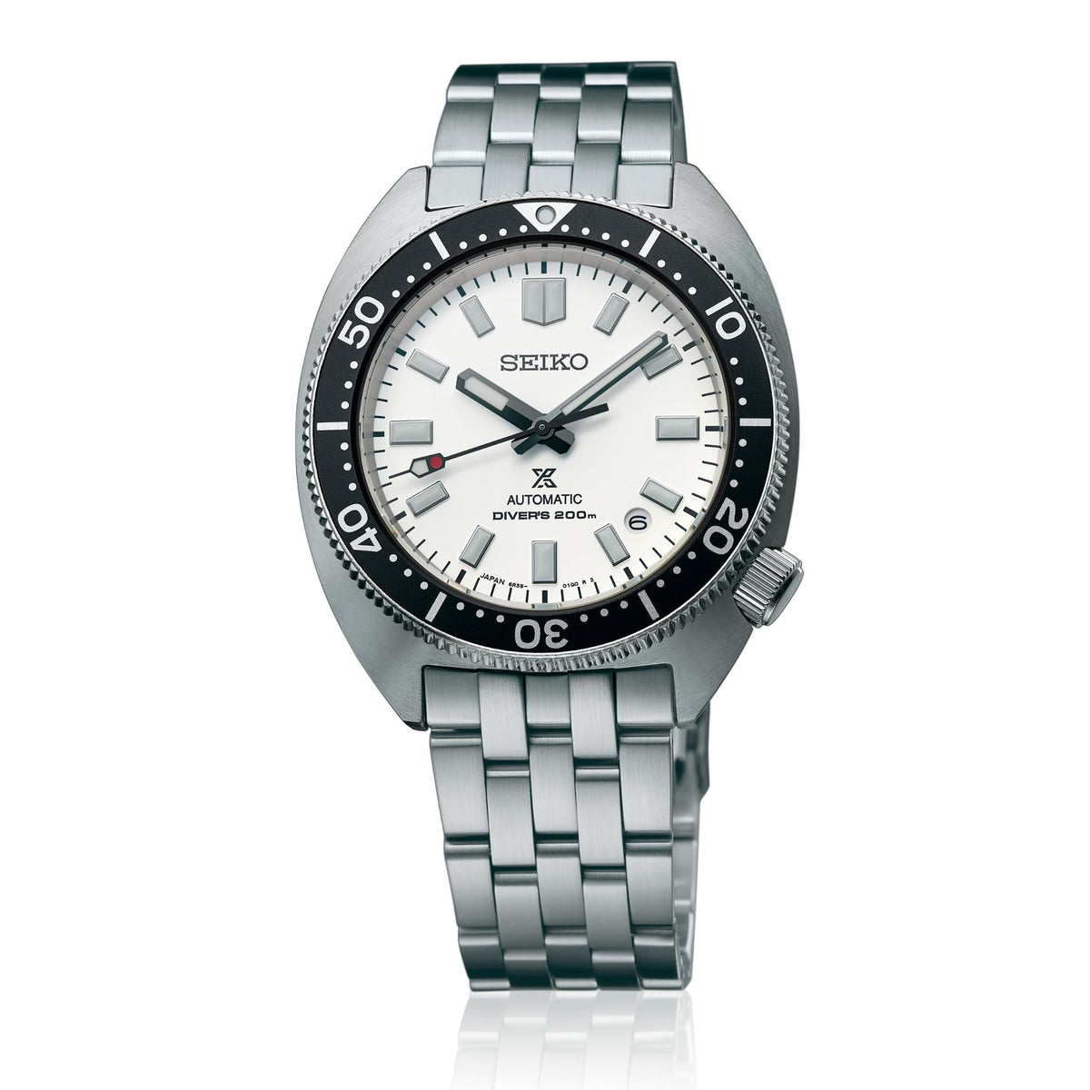 Seiko automatic diver watch with white dial, black bezel, silver-tone stainless bracelet