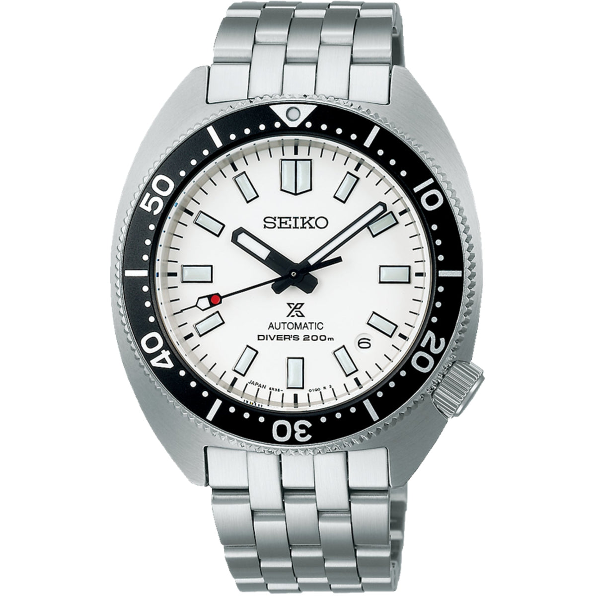 Seiko automatic diver watch with white dial, black bezel markings, steel bracelet