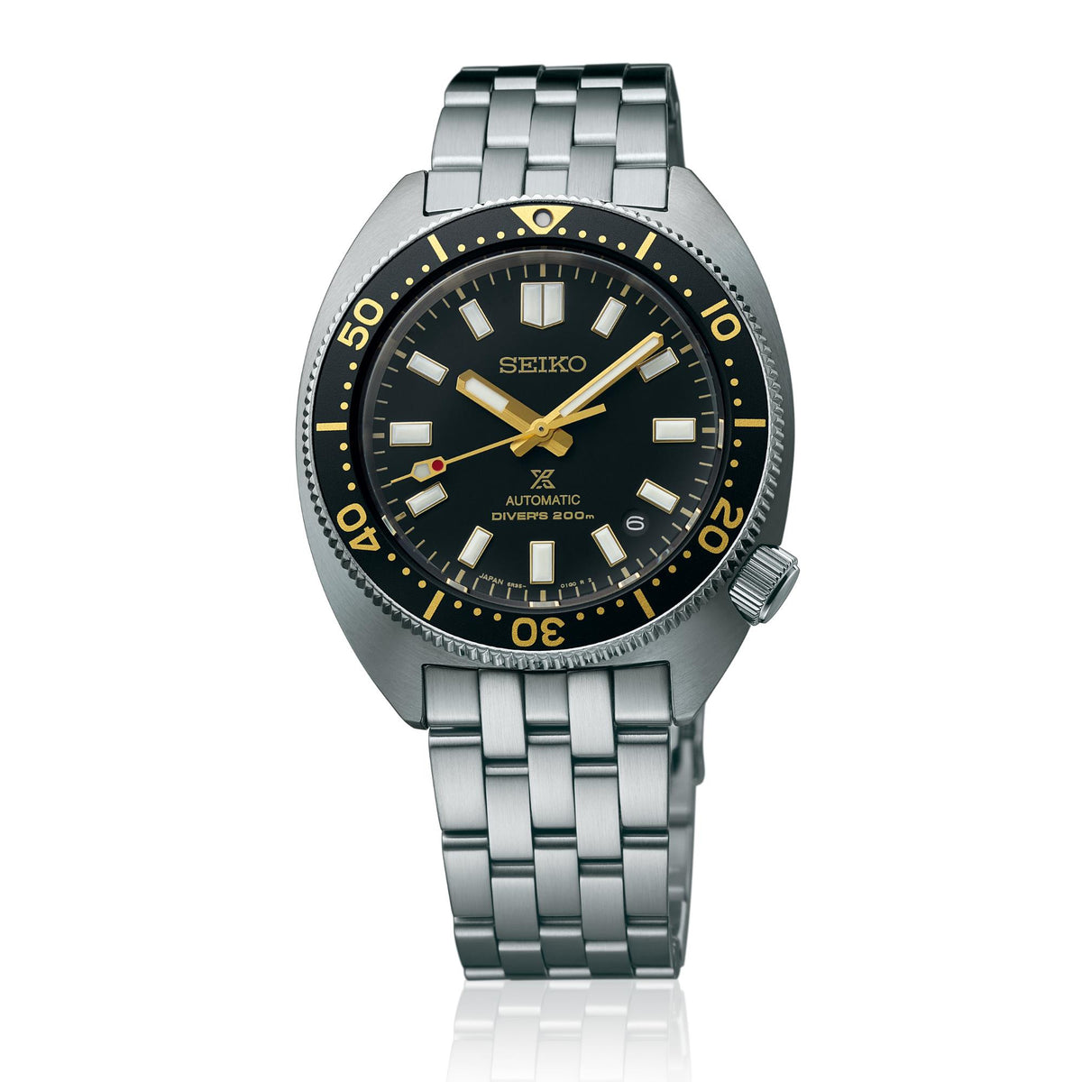 Stainless steel diver watch with black dial, gold markers, and metal bracelet