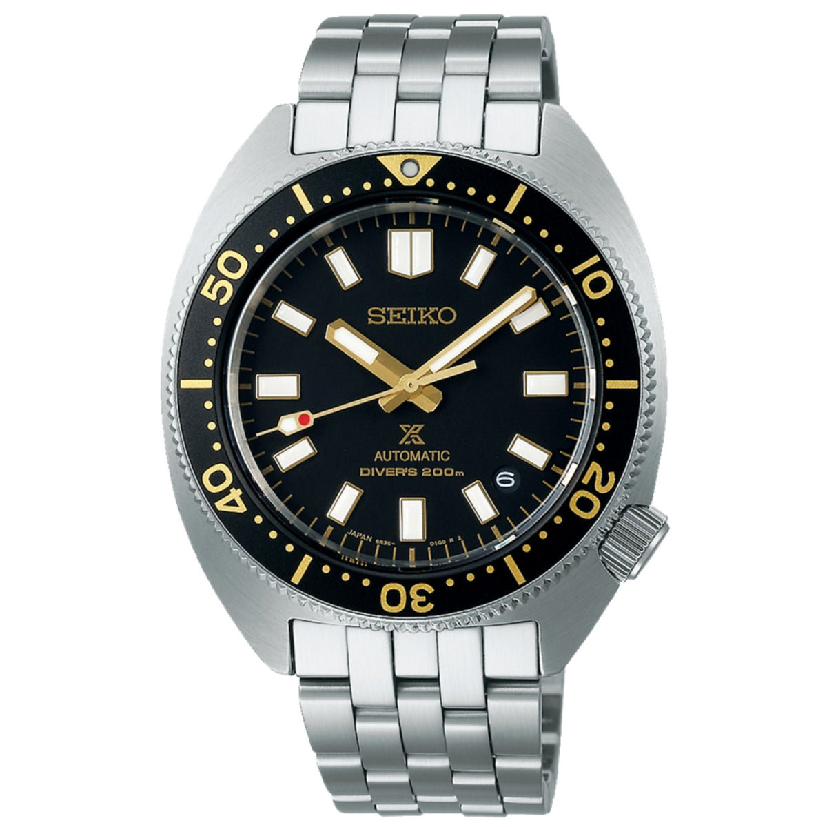 Stainless steel diver watch front view with black dial, gold markers, and automatic hands