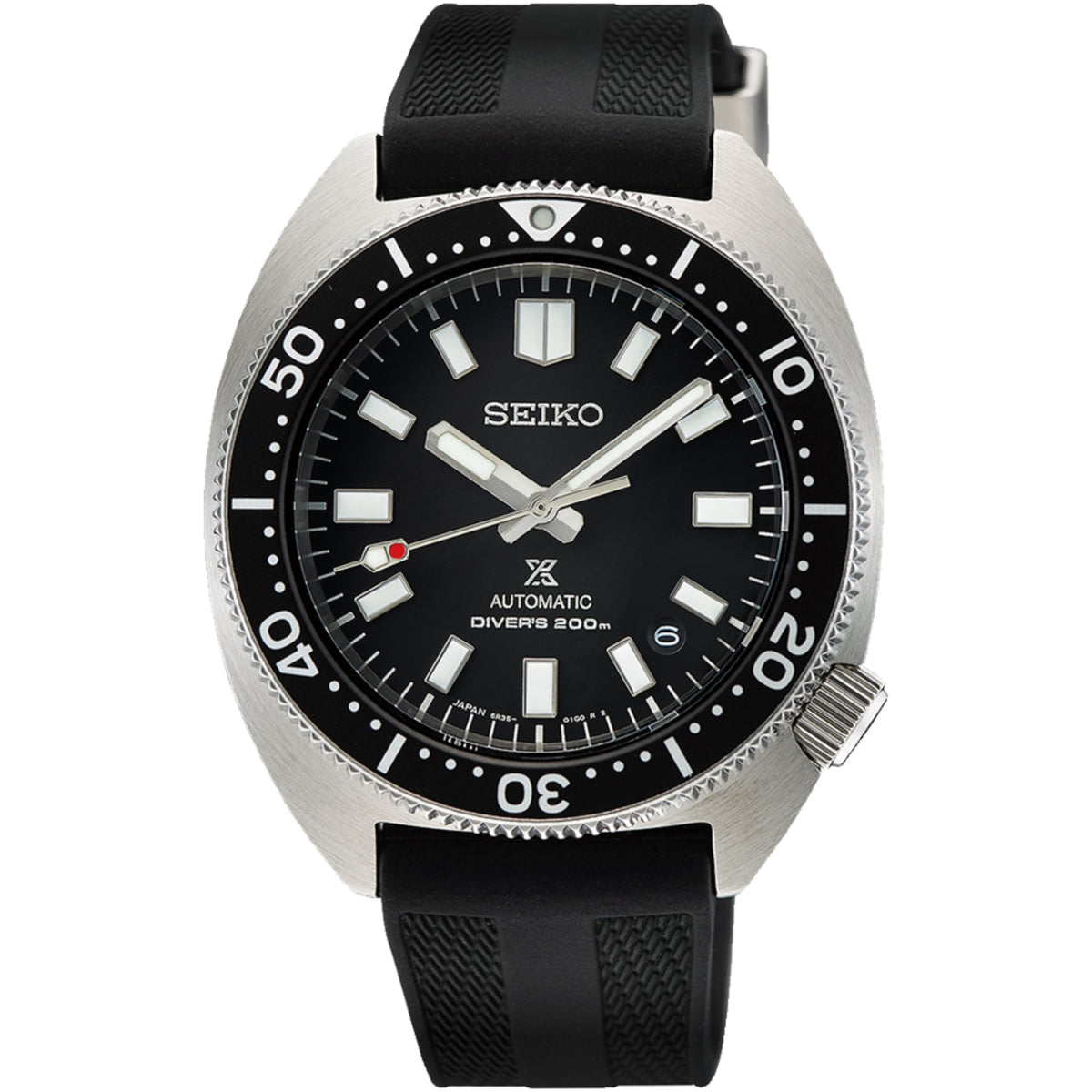 Seiko Prospex diver watch with black dial, baton hands, black rubber strap, steel case