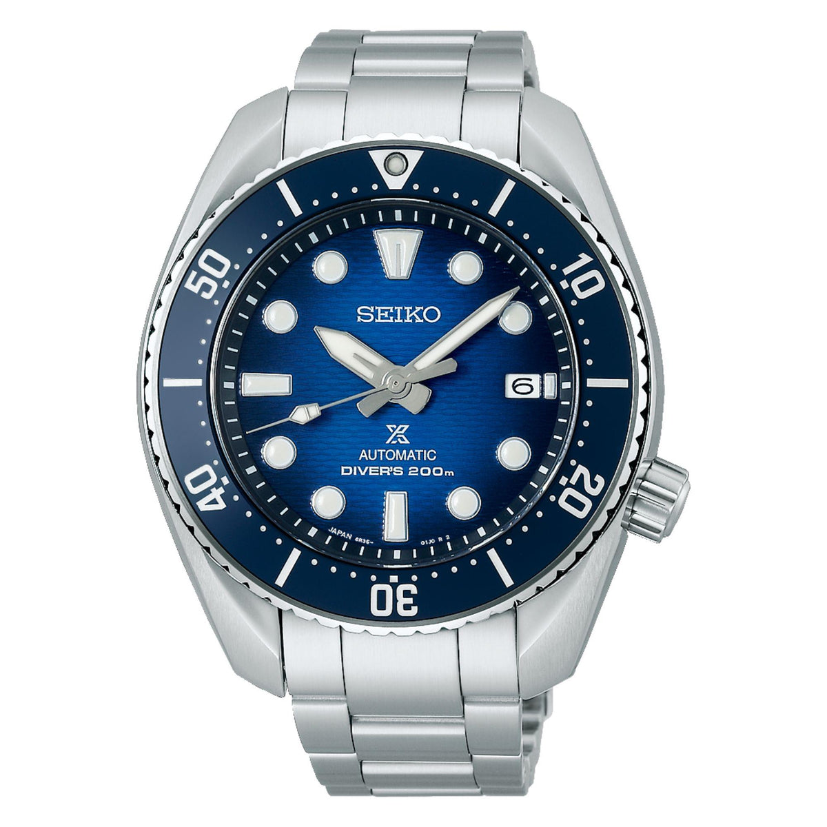 Seiko men's automatic divers watch with blue dial, luminous markers, and steel bracelet