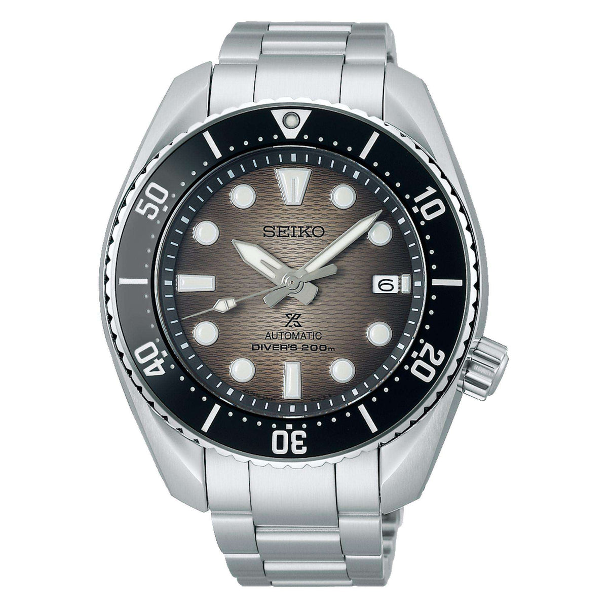 Automatic steel divers watch front view, grey dial with bezel markings and metal bracelet