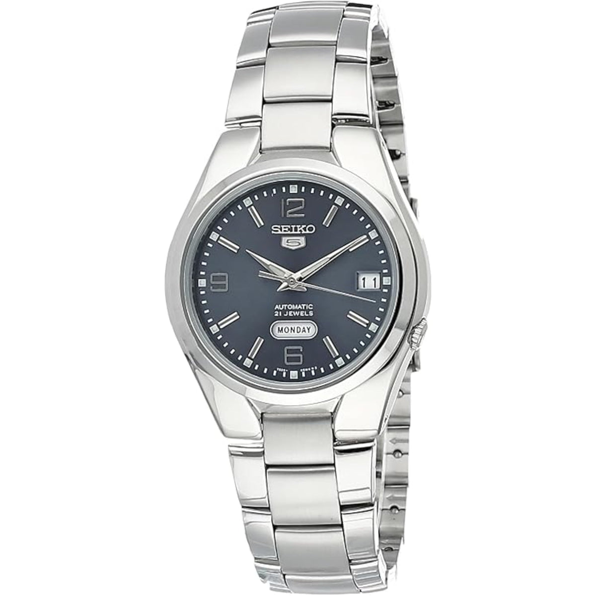 Automatic men's steel watch with dark dial, day-date window, link bracelet