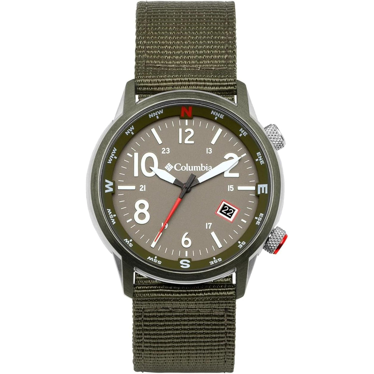 Men's quartz wristwatch front view with olive fabric band, dark green dial and red seconds hand