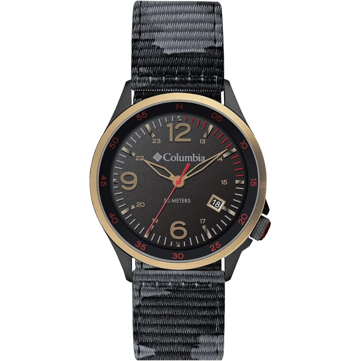 Men's quartz watch front: dark camouflage dial with gold bezel and red minute track