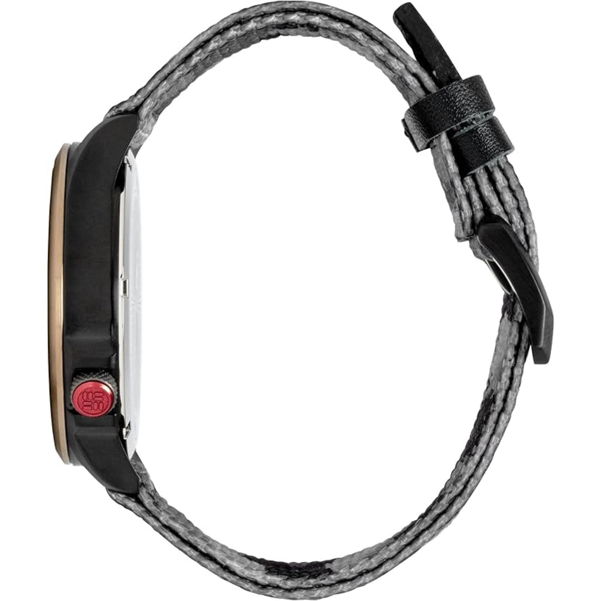 Men's watch back/side with round black case and gray camouflage strap tail and buckle