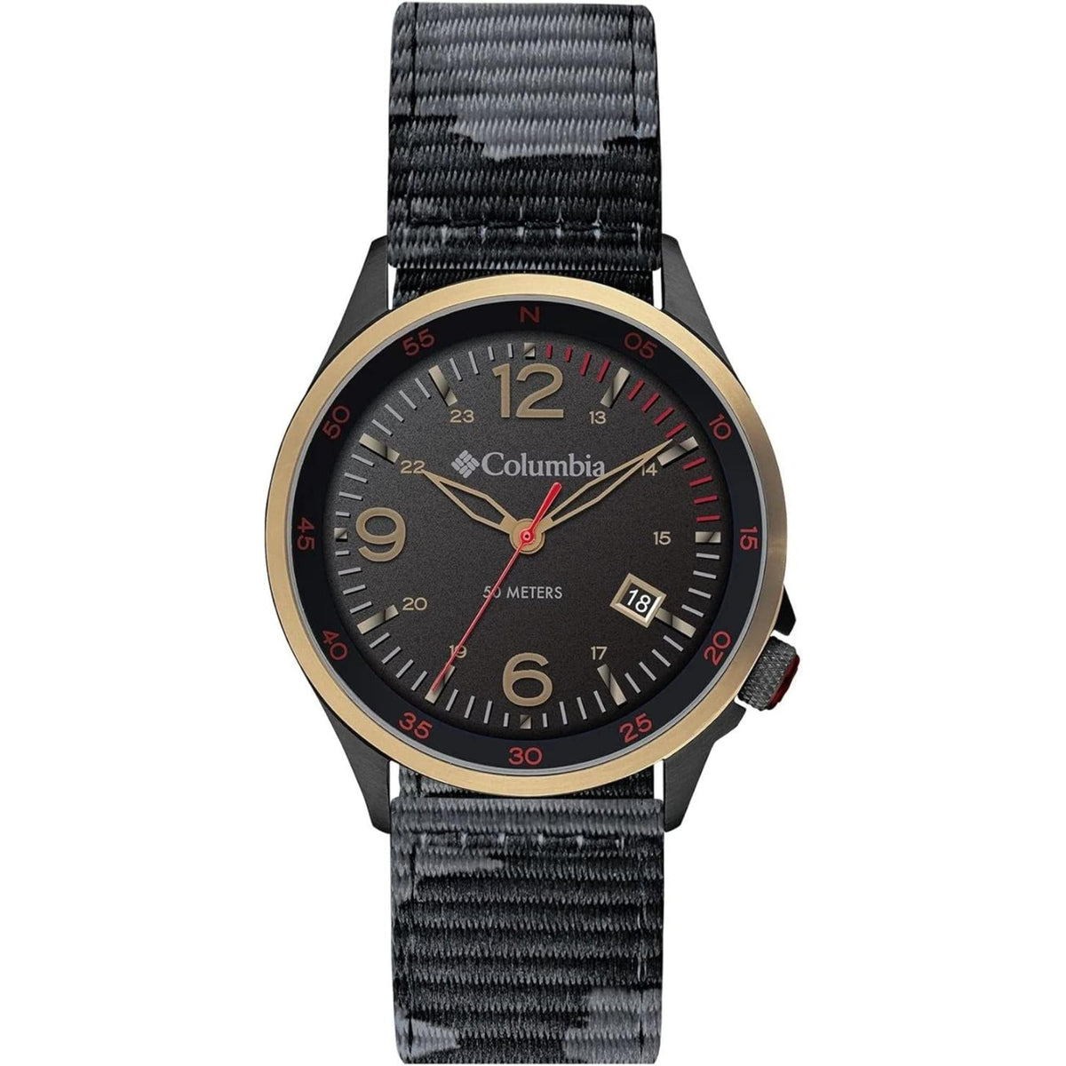 Men's quartz watch front with dark dial, red seconds ring, and camouflage nylon strap