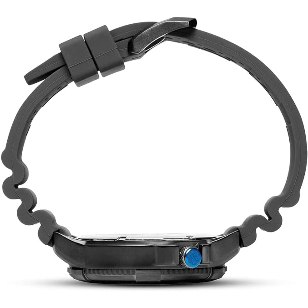Men’s dark silicone watch strap with adjustable buckle and blue detail on the watch case