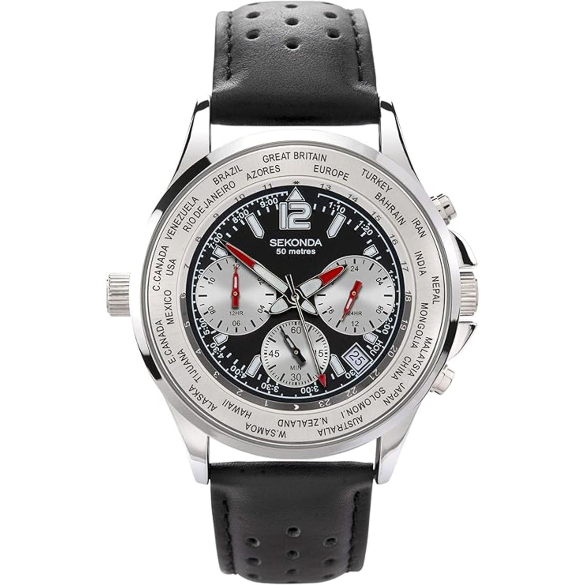 Men’s quartz chronograph-style watch with black dial, silver case, black leather strap