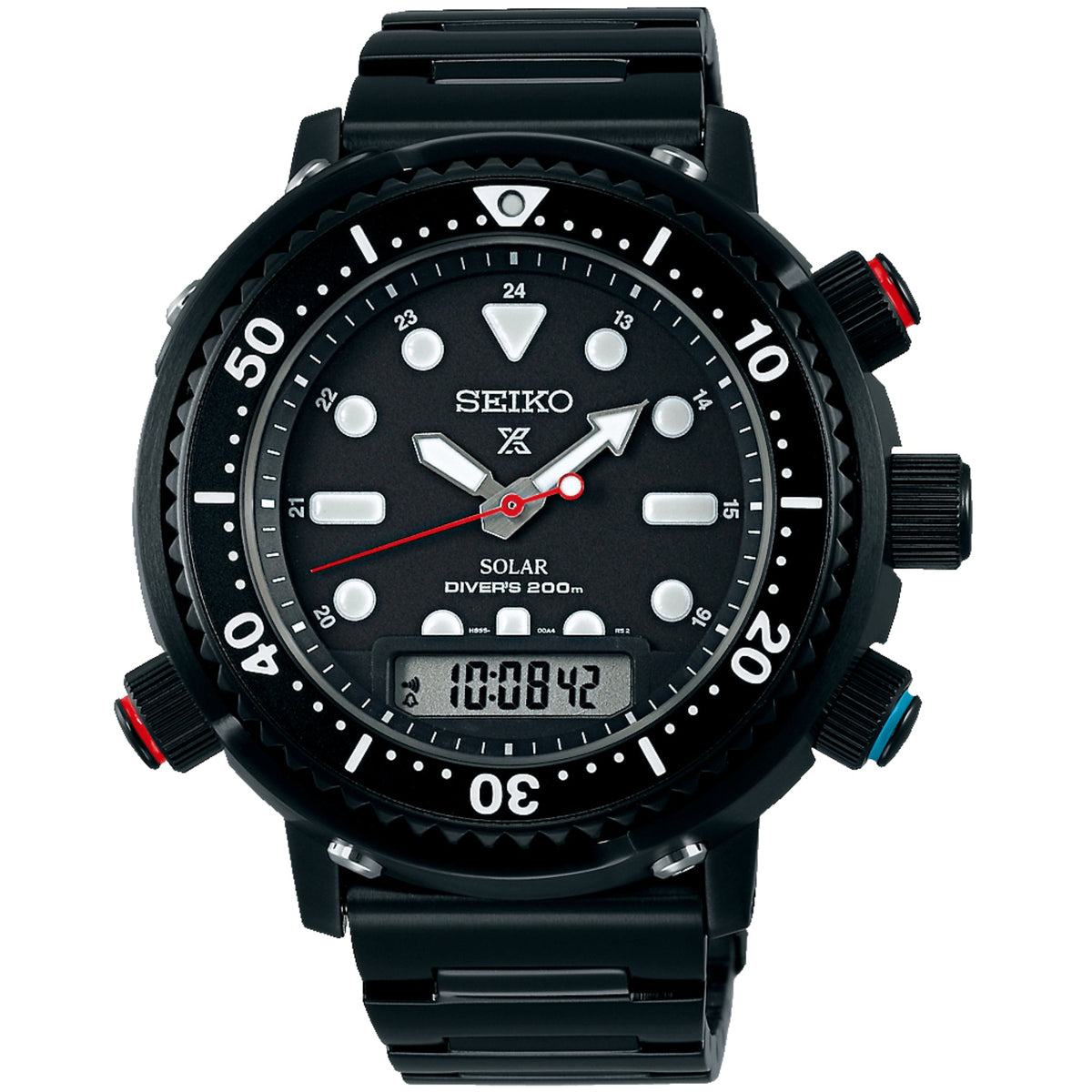 Black solar diver watch front view with black dial, bezel numbers, and steel bracelet