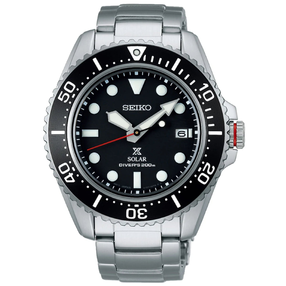 Seiko Prospex solar quartz diver watch with black dial and stainless bracelet, bezel
