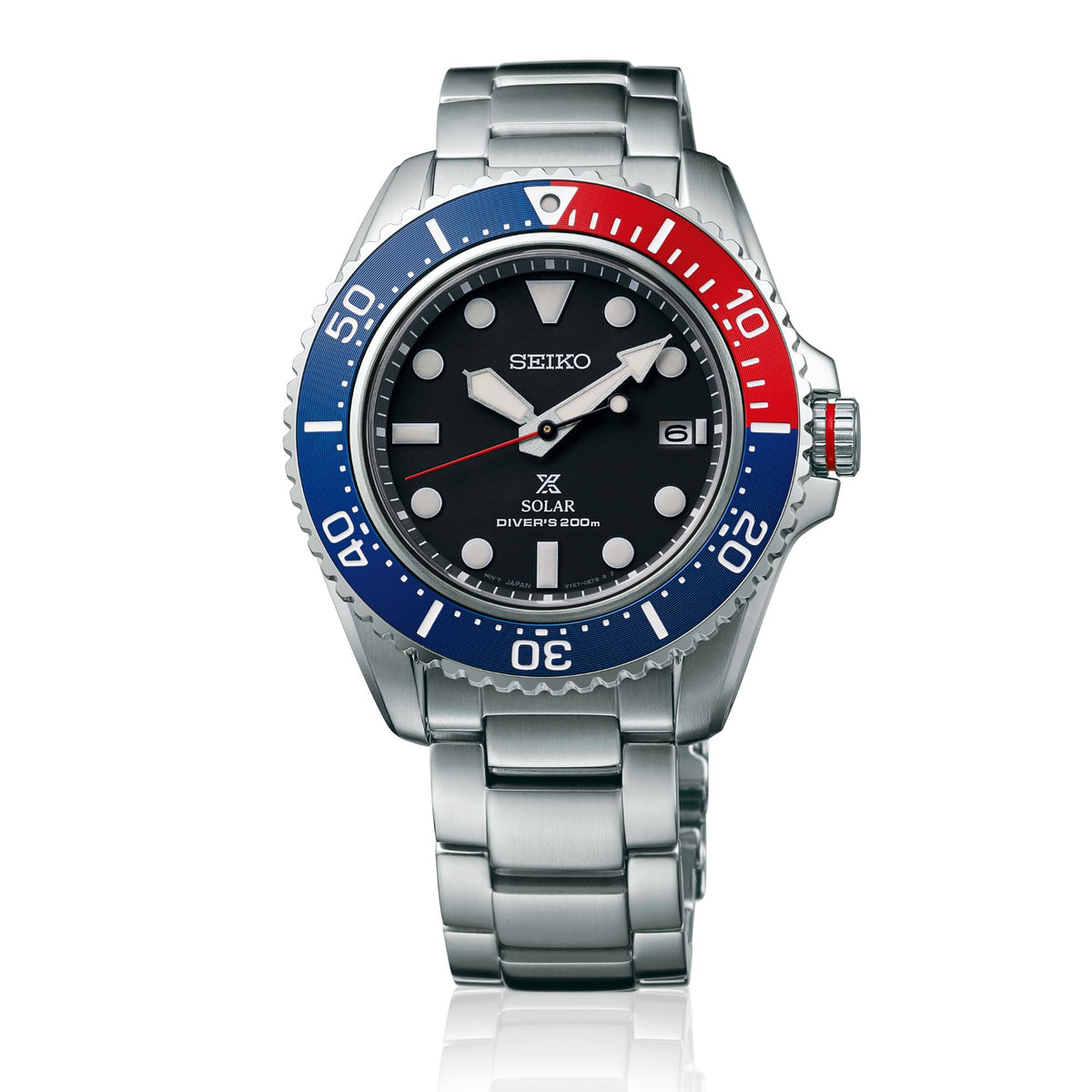 Men's stainless steel diver watch with black dial, blue-red bezel, solar quartz markers