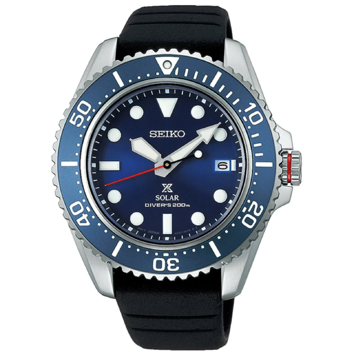 Men's solar diver watch with blue dial, black rubber strap, steel case, red seconds hand