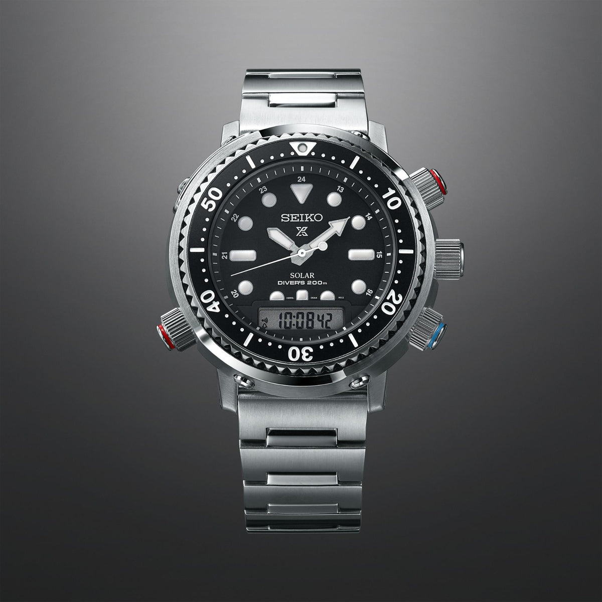 Stainless steel divers watch with black dial, rotating bezel, and linked stainless steel bracelet