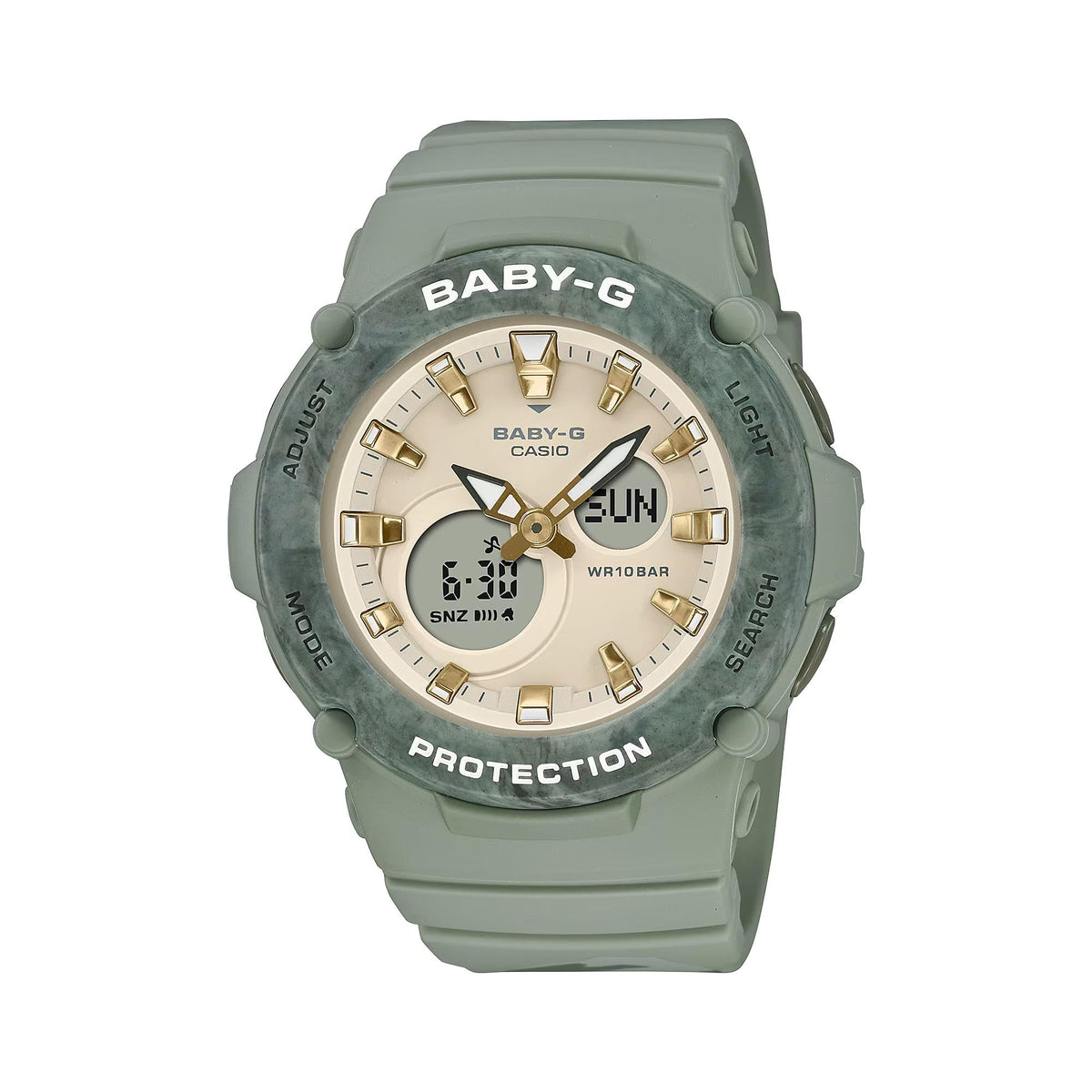 Casio Baby-G ladies watch with cream dial and muted green resin strap