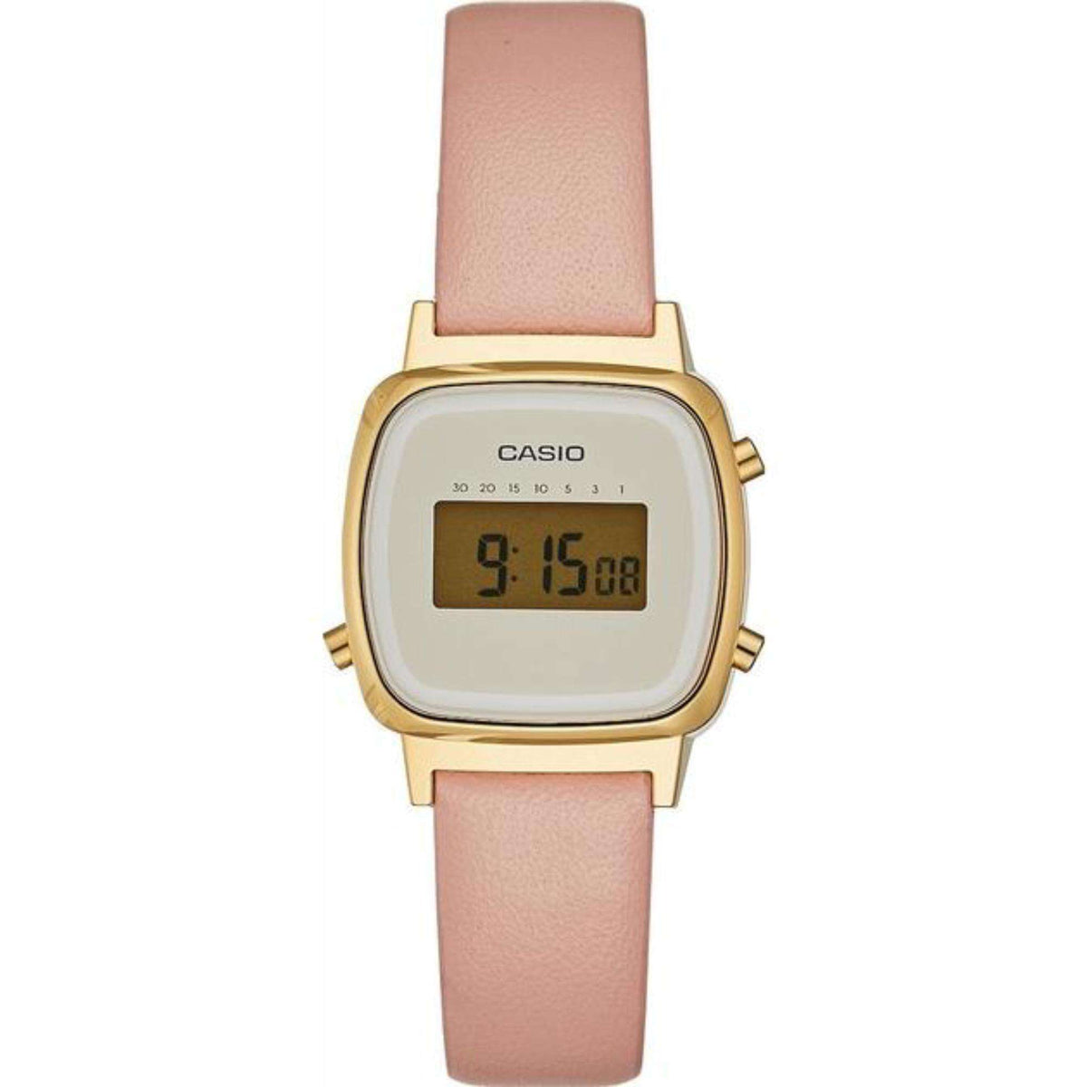 Casio women's digital watch featuring a pink leather strap and gold-tone bezel