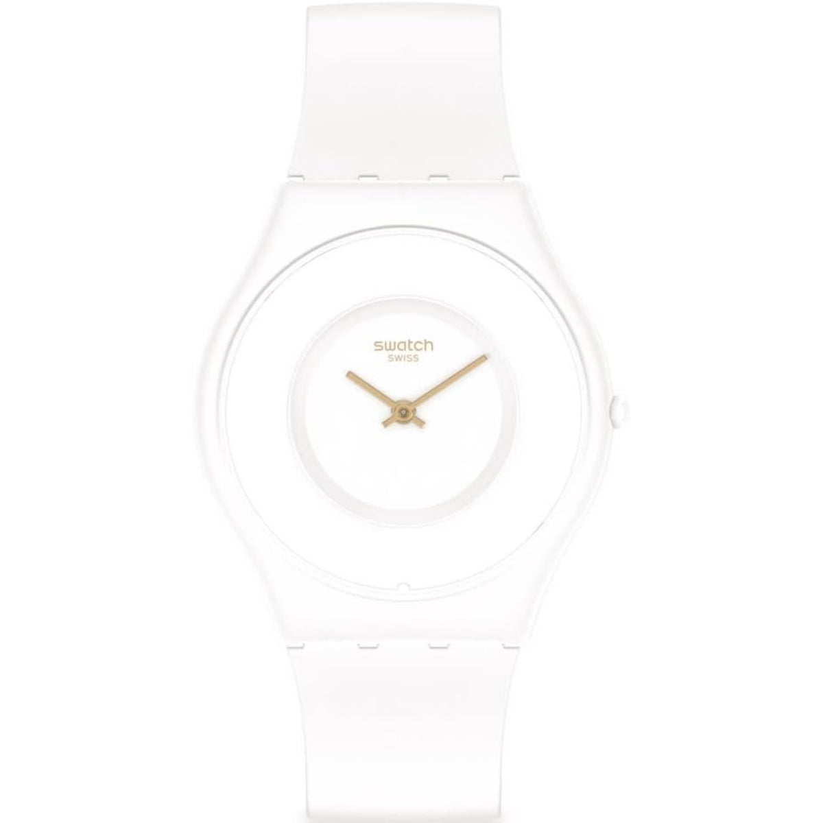 White silicone strap watch, round white dial with gold-tone hour markers and hands