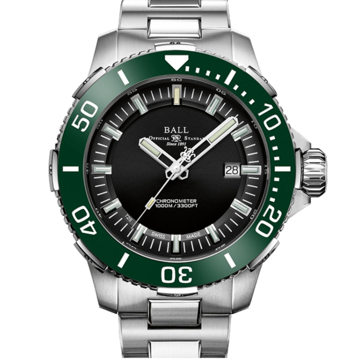 Stainless steel dive watch with green bezel, black dial, luminous markers and date