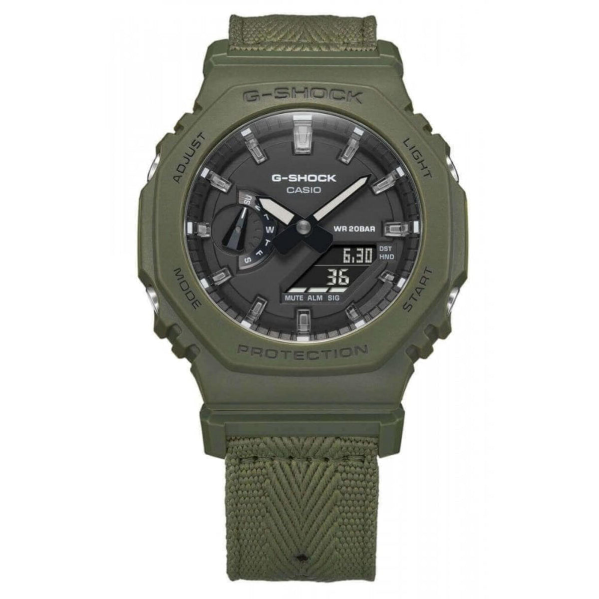 Men's G-Shock watch with olive dial, rugged bezel details, and fabric camo strap