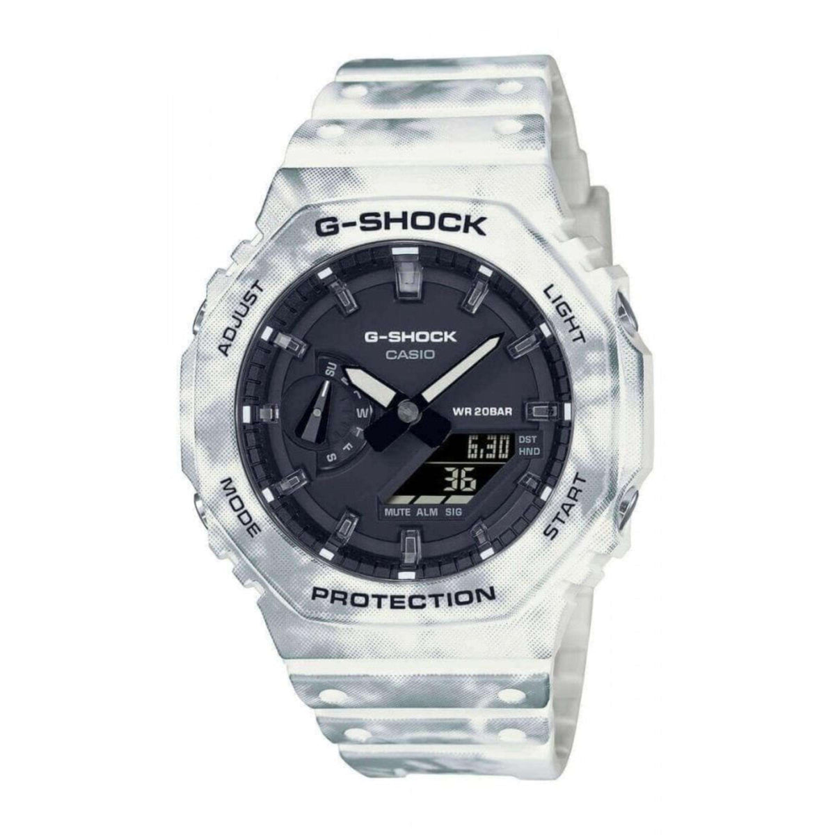 Men's G-Shock watch with light-gray speckled case, dark dial, and resin camo strap