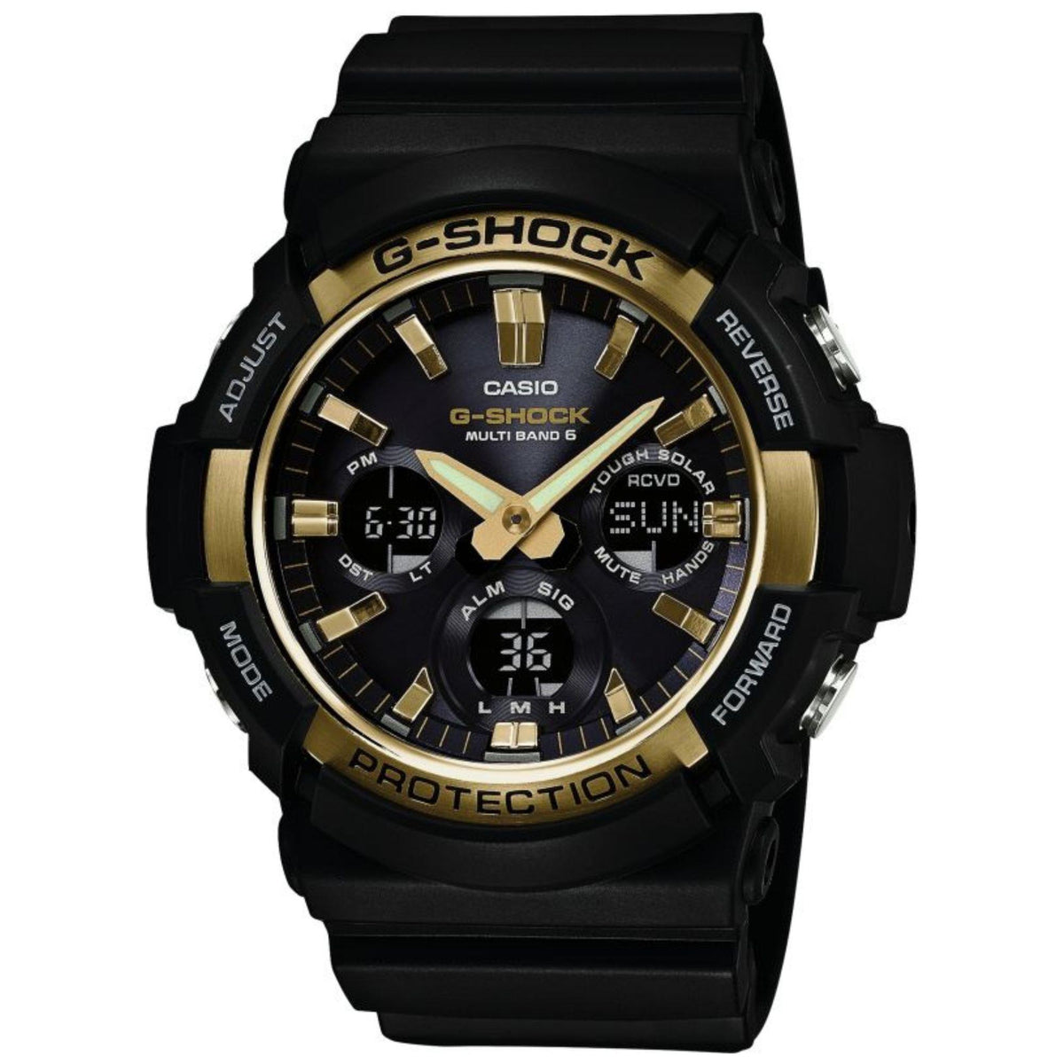 Men's G-Shock Waveceptor solar chronograph watch, black resin strap with gold bezel