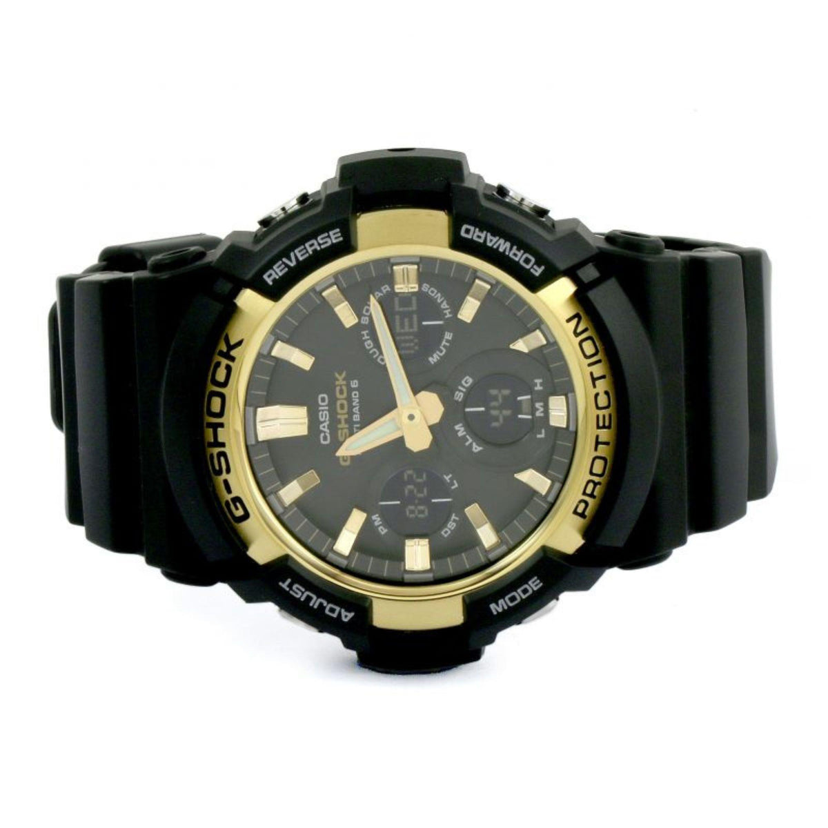 Men's G-Shock Waveceptor watch, black resin bracelet with gold-tone bezel and dark face