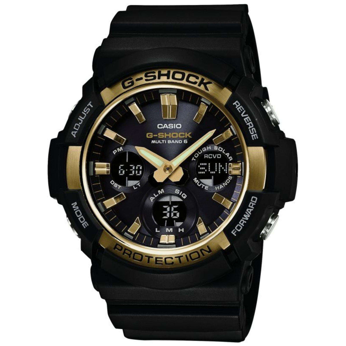 Men's G-Shock Waveceptor watch with dark dial, gold hour markers, and multi-function subdials