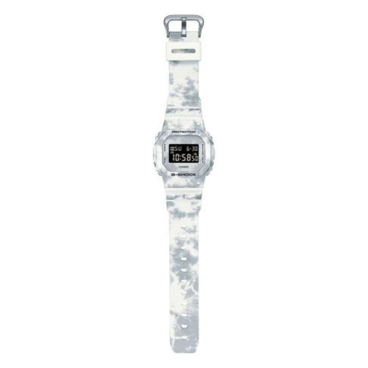 Snow camouflage resin digital watch with clasp and black LCD, front-on view