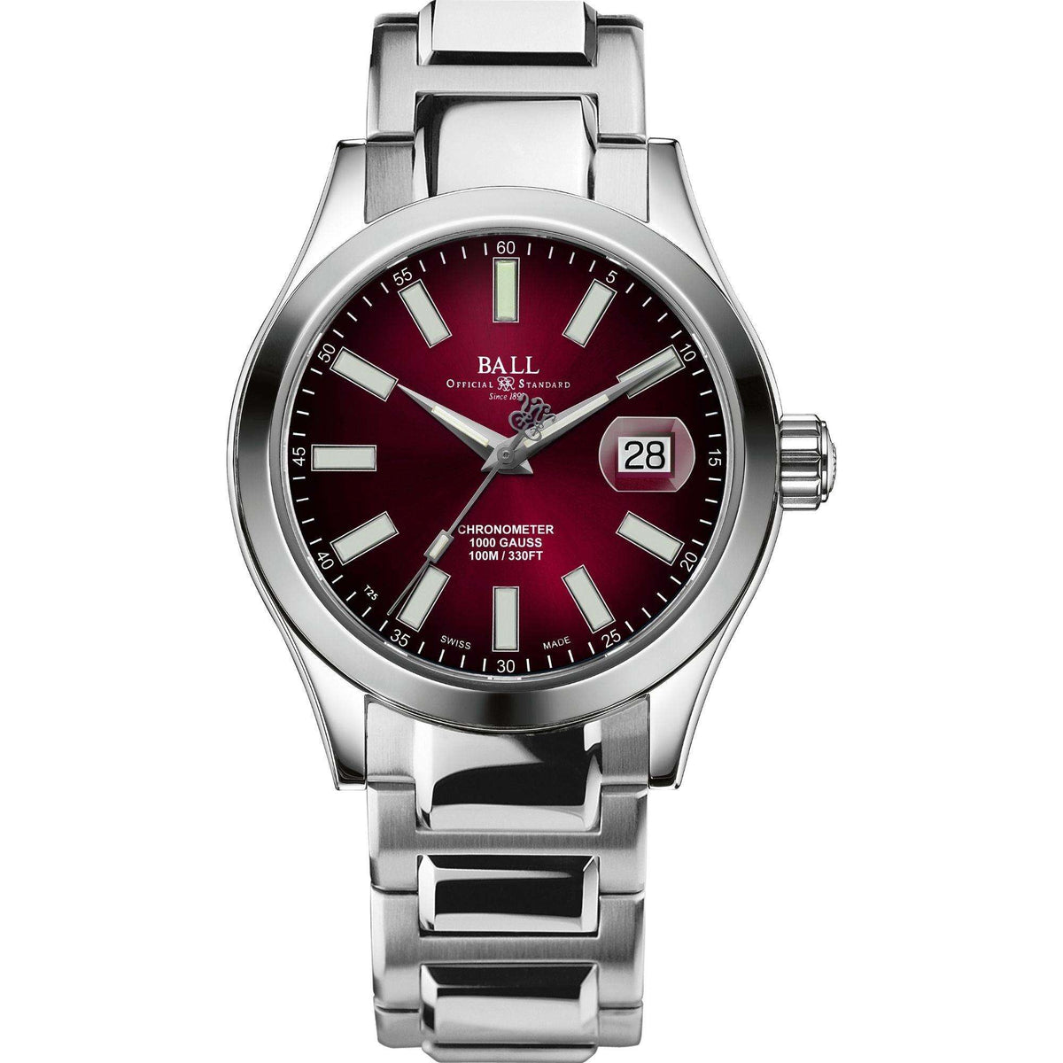 Men's stainless steel automatic watch, red dial face with date window and baton indices