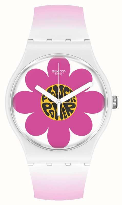 Pink silicone strap wristwatch with purple flower graphic multicolor face
