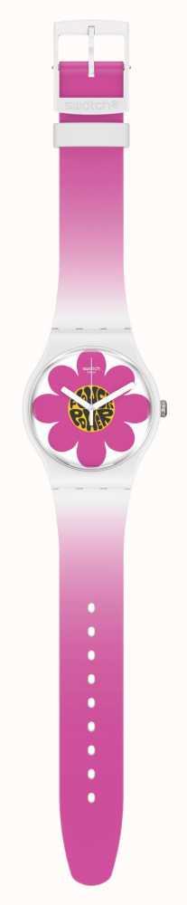 Side view of pink silicone watch strap with purple flower dial and silver case