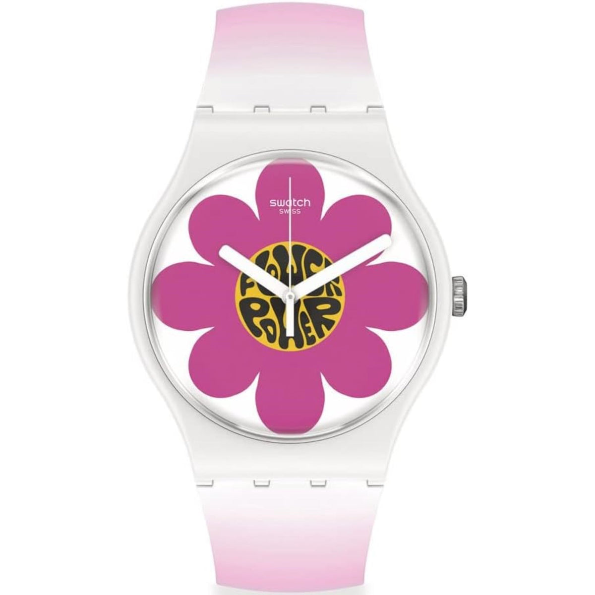White and pink silicone strap round watch with purple flower dial and gold hands
